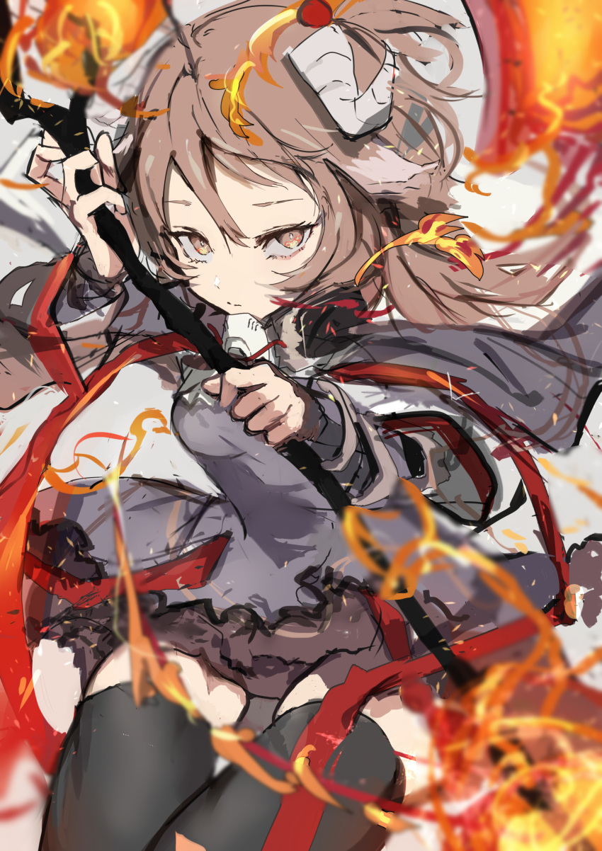 1girl absurdres arknights bangs black_thighhighs brown_eyes brown_hair chuhaibane closed_mouth eyjafjalla_(arknights) fire grey_background highres holding holding_staff horns long_hair long_sleeves looking_at_viewer simple_background solo staff thigh-highs