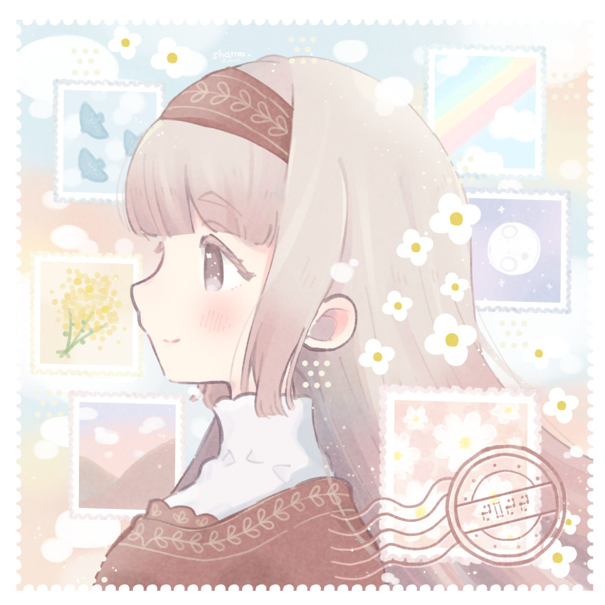 1girl 2022 bangs bird blunt_bangs blush brown_eyes brown_hair dress flower from_side full_moon hairband high_collar highres long_hair moon original postage_stamp postmark profile rainbow shamo3 smile solo