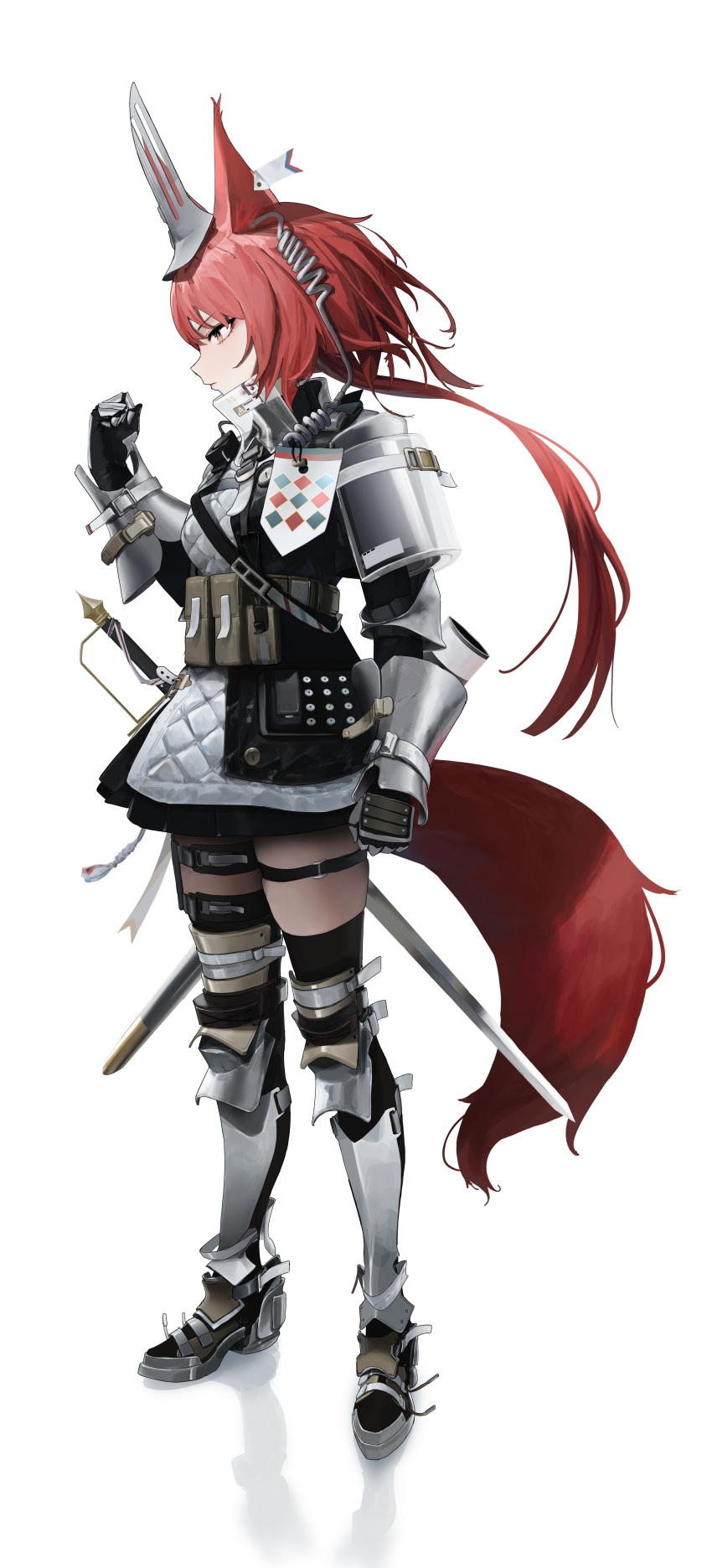 1girl absurdres animal_ears arknights armor black_thighhighs brown_eyes clenched_hand flametail_(arknights) full_body gauntlets greaves highres lsha pouch redhead squirrel_ears squirrel_tail sword tail thigh-highs thigh_strap weapon white_background