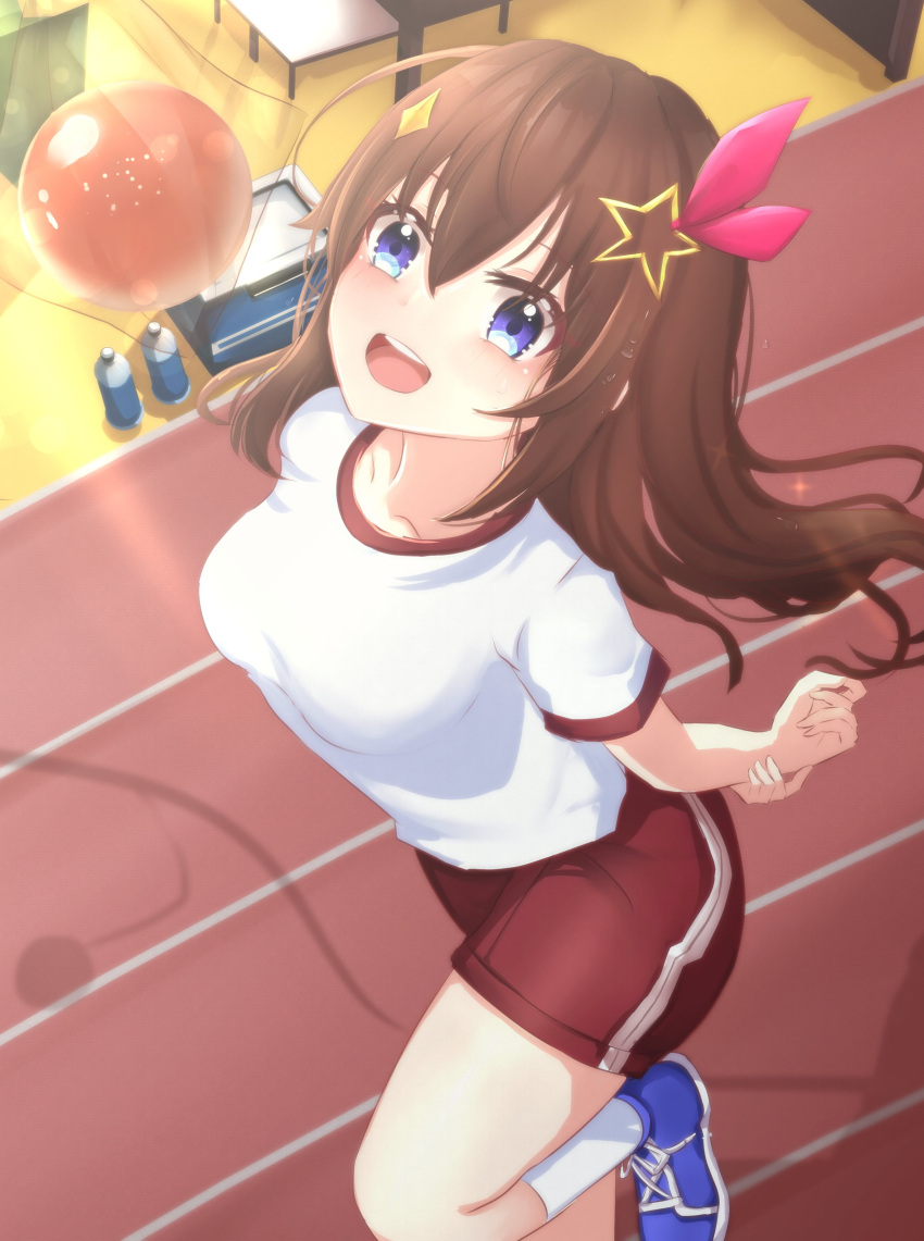 absurdres arms_behind_back artist_request bangs blue_eyes breasts brown_hair collarbone from_above gym_shirt gym_shorts gym_uniform hair_ornament highres hololive looking_up medium_breasts medium_hair open_mouth shirt shorts straight_hair teeth thighs tokino_sora tongue