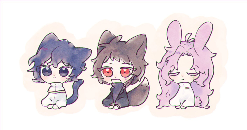 3boys :&lt; animal_ears antenna_hair bangs black_jacket blue_eyes blue_hair brown_hair capelet cat_boy cat_ears cat_tail chromatic_aberration closed_mouth colored_eyelashes fox_boy fox_ears fox_tail frown harada_minoru hatsutori_hajime jacket long_hair long_sleeves male_focus multiple_boys open_clothes open_jacket parted_bangs pink_hair purple_sweater rabbit_boy rabbit_ears rabbit_tail red_eyes saibou_shinkyoku shirt short_(100x130) short_hair smile sweater tail turtleneck turtleneck_sweater utsugi_noriyuki white_capelet white_shirt