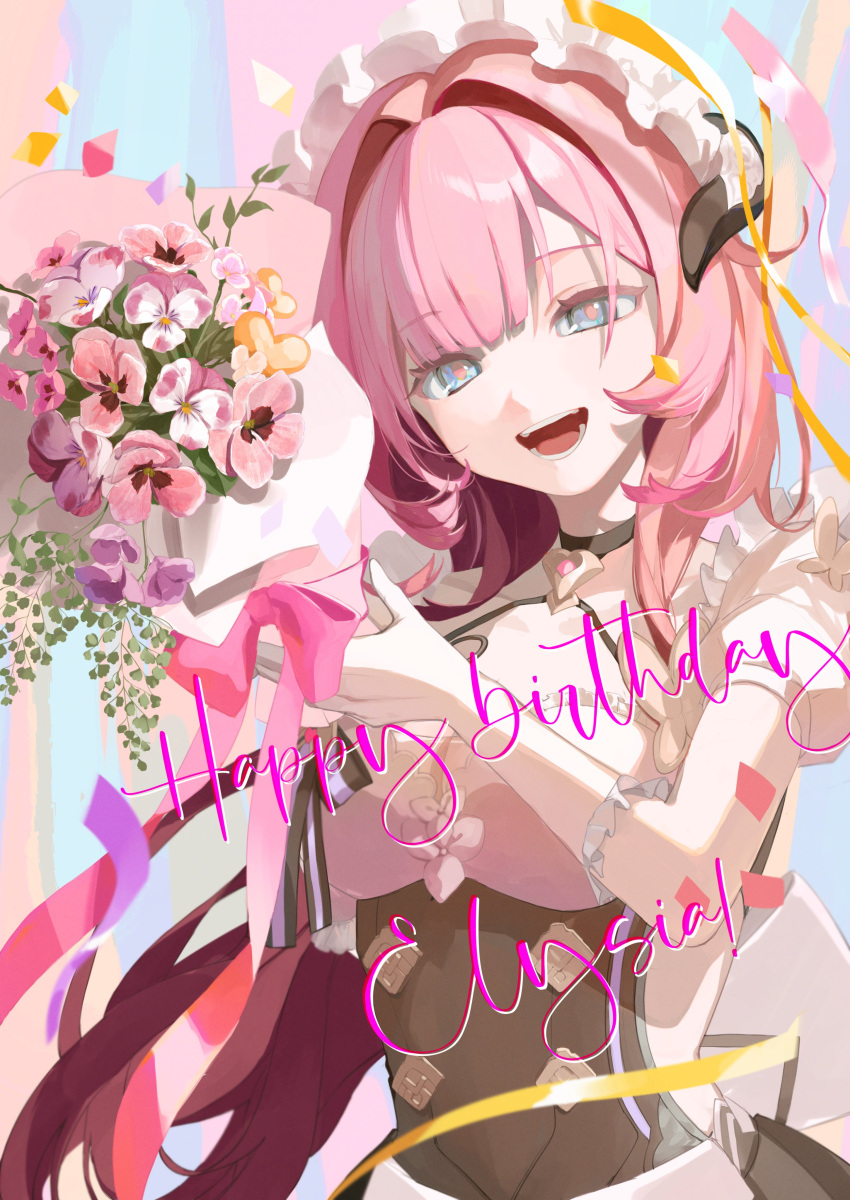 1girl :d absurdres alternate_costume bangs blue_eyes bouquet character_name dress elf elysia_(honkai_impact) elysia_(miss_pink_elf)_(honkai_impact) enmaided flower frilled_dress frills gloves happy_birthday highres holding holding_bouquet honkai_(series) honkai_impact_3rd long_hair looking_at_viewer maid maid_headdress open_mouth pink_flower pink_hair pointy_ears ponytail roena short_sleeves smile solo upper_body white_dress white_gloves