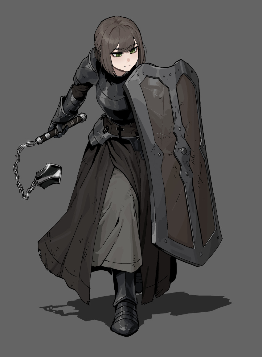 1girl absurdres armor belt breastplate brown_hair chain flanged_mace gloves gogalking greaves green_eyes grey_background highres holding holding_weapon metal original shield short_hair shoulder_armor skirt solo weapon wood