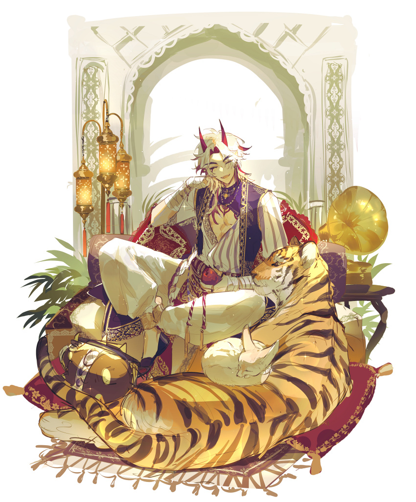 1boy ^_^ absurdres apple arataki_itto bandaged_arm bandages bangs bracelet capri_pants choker closed_eyes commentary cushion earrings eyelashes fennec_fox food fox fruit full_body genshin_impact hand_up harem_pants highres holding holding_food holding_fruit horns jewelry lamp long_hair male_focus mors_gn multicolored_hair multicolored_shirt oni oni_horns open_mouth pants parted_bangs pectoral_cleavage pectorals phonograph pillow plant puffy_pants red_horns redhead rope shirt short_sleeves sidelocks sitting sleeping smile solo table tassel teeth thick_eyebrows tiger upper_teeth ushi_(genshin_impact) vision_(genshin_impact) white_background white_hair white_pants window