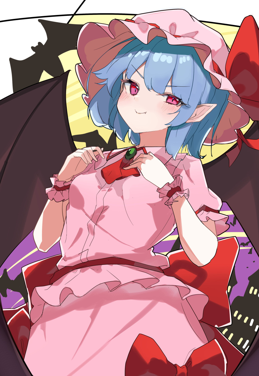 1girl absurdres ascot bangs bat_(animal) bat_wings blue_hair blush bow breasts brooch closed_mouth cowboy_shot dress fang fang_out frilled_shirt_collar frills from_below hands_up hat hat_bow highres jewelry kurowa_(curowa) looking_at_viewer mob_cap pink_dress pink_headwear pink_shirt pink_skirt pointy_ears red_ascot red_bow remilia_scarlet scarlet_devil_mansion shirt short_hair short_sleeves skirt skirt_set small_breasts smile smug solo touhou v-shaped_eyebrows violet_eyes wings wrist_cuffs