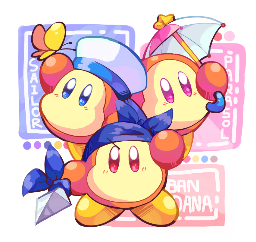 arm_up bandana bandana_waddle_dee blue_bandana blue_eyes blush bug butterfly color_guide commentary_request full_body hat highres holding holding_polearm holding_umbrella holding_weapon kirby_(series) looking_up miru_(milusour) no_humans parasol polearm red_eyes sailor_hat sailor_waddle_dee shoes spear umbrella violet_eyes waddle_dee weapon white_background white_headwear yellow_butterfly yellow_footwear