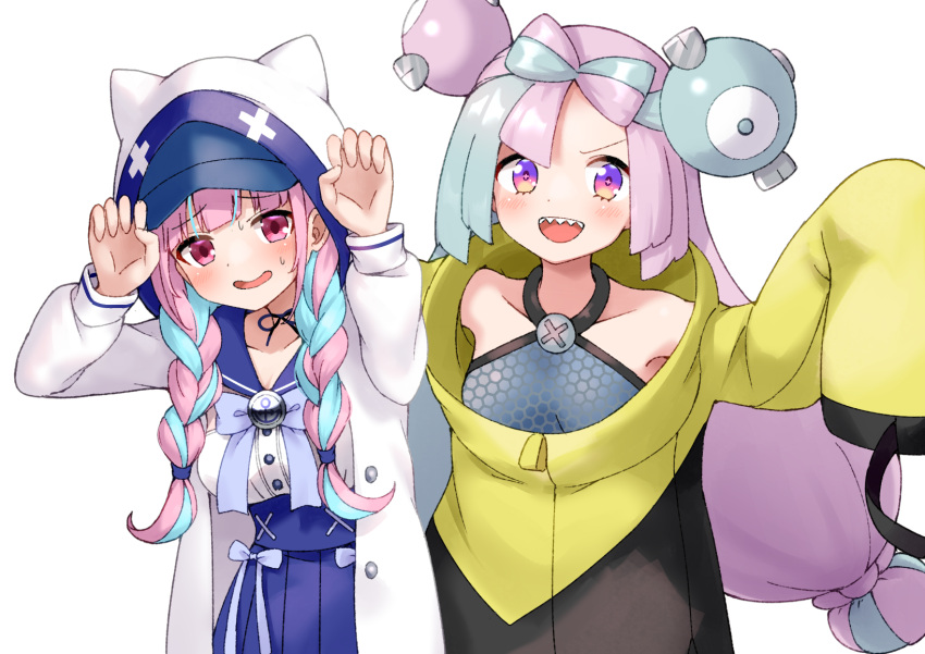 2girls bangs blue_hair blunt_bangs character_hair_ornament colored_inner_hair crossover faubynet hair_ornament hexagon_print highres hololive iono_(pokemon) jacket long_hair minato_aqua multicolored_hair multiple_girls pokemon pokemon_(game) pokemon_sv purple_hair sharp_teeth sidelocks single_leg_pantyhose sleeves_past_fingers sleeves_past_wrists split-color_hair streaked_hair teeth twintails two-tone_hair very_long_sleeves violet_eyes virtual_youtuber yellow_jacket