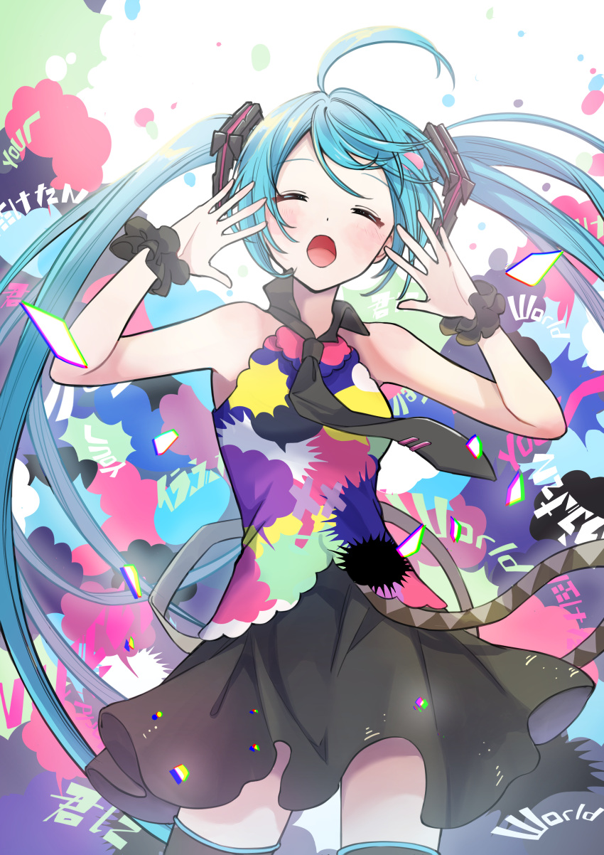 1girl absurdres ahoge bangs blue_hair blush closed_eyes collared_shirt hands_up hatsune_miku highres long_hair multicolored_clothes nagitofuu necktie open_mouth shirt skirt sleeveless sleeveless_shirt solo song_name tell_your_world_(vocaloid) thigh-highs twintails very_long_hair vocaloid wrist_cuffs