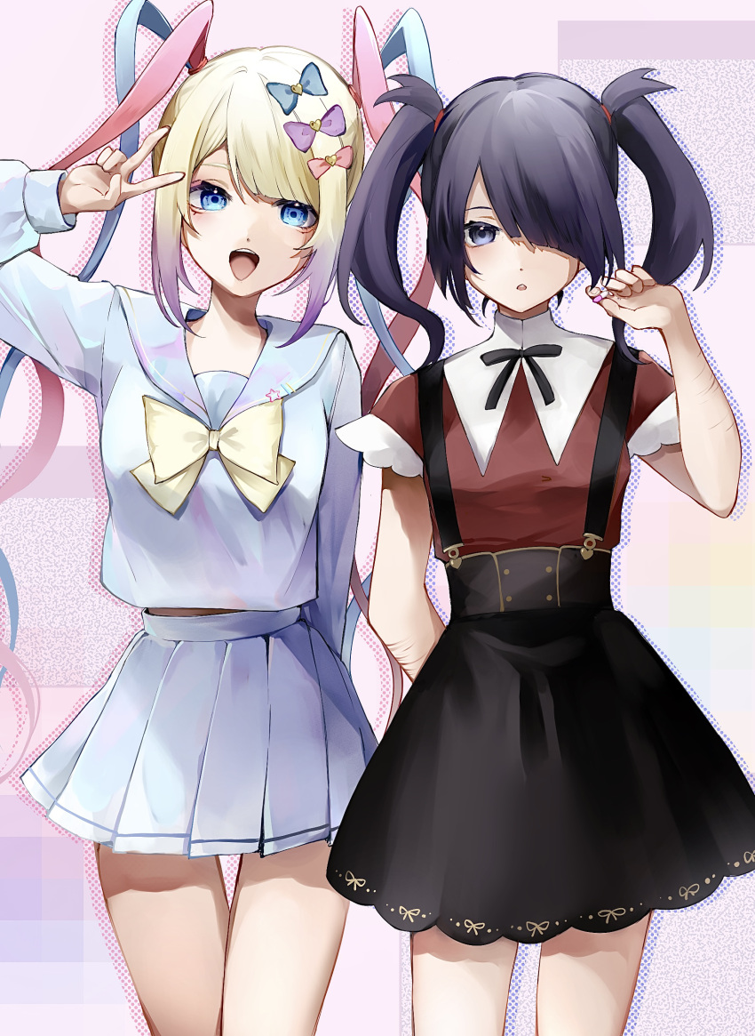 2girls absurdres ame-chan_(needy_girl_overdose) arm_behind_back black_hair black_ribbon blue_eyes blue_hair bow chouzetsusaikawa_tenshi-chan cowboy_shot cuts grey_eyes hair_bow highres holding_pill injury long_hair looking_at_viewer multicolored_hair multiple_girls multiple_hair_bows neck_ribbon needy_girl_overdose open_mouth parted_lips pill pin pink_hair pleated_skirt quad_tails ribbon school_uniform serafuku skirt smile suspender_skirt suspenders tsuki_(user_zxpj3238) twintails v very_long_hair white_hair