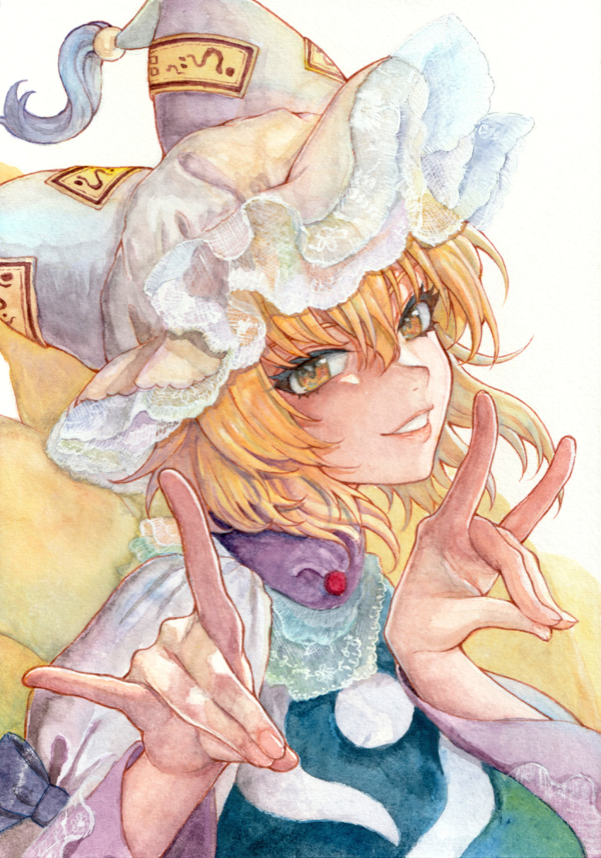 1girl bangs blonde_hair breasts double_fox_shadow_puppet fingernails fox_shadow_puppet fox_tail grin hair_between_eyes hands_up hat highres large_breasts lips long_sleeves looking_at_viewer medium_hair multiple_tails norisio_21 nostrils pillow_hat simple_background smile solo tabard tail tassel teeth touhou traditional_media upper_body white_background wide_sleeves yakumo_ran yellow_eyes