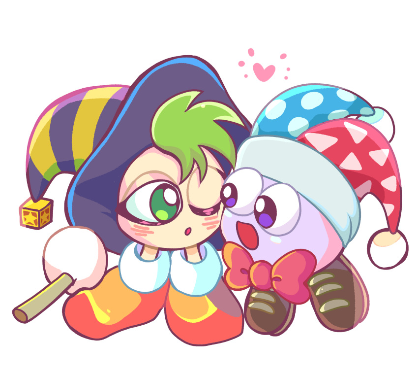 1boy 1girl :d :o black_headwear blush bow brown_footwear commentary_request full_body green_eyes green_hair gryll_(kirby) hat heart highres holding jester_cap kirby's_return_to_dream_land kirby's_star_stacker kirby_(series) looking_at_another marx_(kirby) miru_(milusour) multicolored_clothes multicolored_headwear no_humans one_eye_closed open_mouth orange_footwear pom_pom_(clothes) red_bow shoes simple_background smile violet_eyes white_background witch_hat
