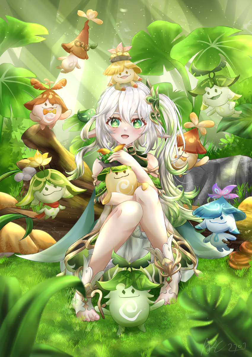 1girl 6+others :d absurdres aranara_(genshin_impact) arcturus2701 bangs bloomers blurry cape commentary depth_of_field detached_sleeves dress english_commentary forest genshin_impact gradient_hair grass green_eyes hair_between_eyes hair_ornament highres hug knees_together_feet_apart knees_up long_hair looking_at_viewer multicolored_hair multiple_others nahida_(genshin_impact) nature plant pointy_ears short_sleeves side_ponytail sidelocks sitting smile stirrup_legwear sunlight symbol-shaped_pupils toeless_legwear toes tree underwear white_bloomers white_dress white_hair