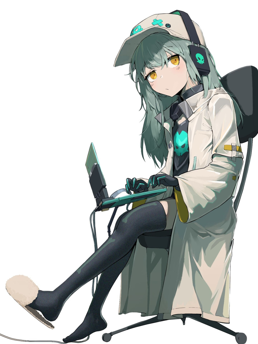 1girl antonina_(girls'_frontline_nc) aqua_hair black_gloves black_shirt black_thighhighs bone_print chair commentary_request computer girls'_frontline_neural_cloud girls_frontline gloves hat headphones highres jacket laptop long_hair office_chair shirt simple_background single_slipper slippers solo thigh-highs user_mtrt8542 white_background white_jacket yellow_eyes