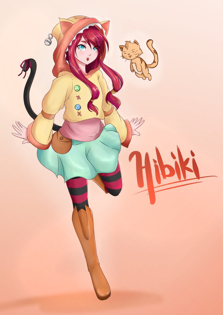 1girl 1other absurdres animal_ear_headwear aqua_eyes boots brown_footwear buttons character_name drawnielart fake_tail flying hat_bell highres hood hoodie knee_boots looking_at_viewer orange_cat original pink_background pink_hair simple_background striped striped_thighhighs tail thigh-highs twintails