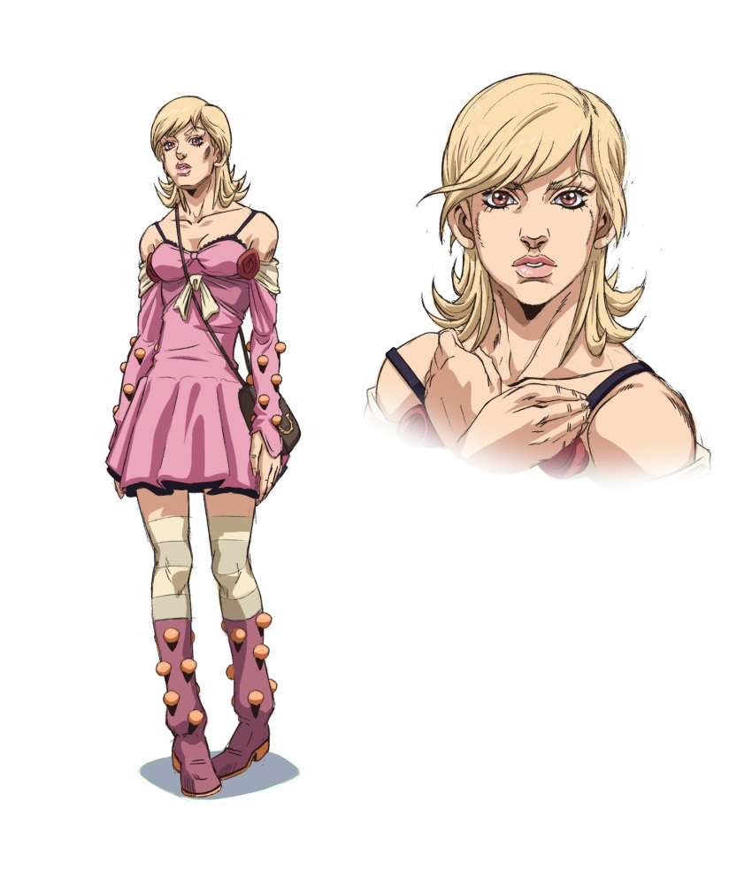 1girl araki_hirohiko_(style) bag bare_shoulders blonde_hair boots bow breasts brown_eyes dress grandguerrilla grey_thighhighs highres jojo_no_kimyou_na_bouken looking_at_viewer lucy_steel medium_breasts medium_hair official_style parted_lips pink_dress pink_footwear shoulder_bag simple_background solo steel_ball_run striped striped_thighhighs thigh-highs white_background white_bow