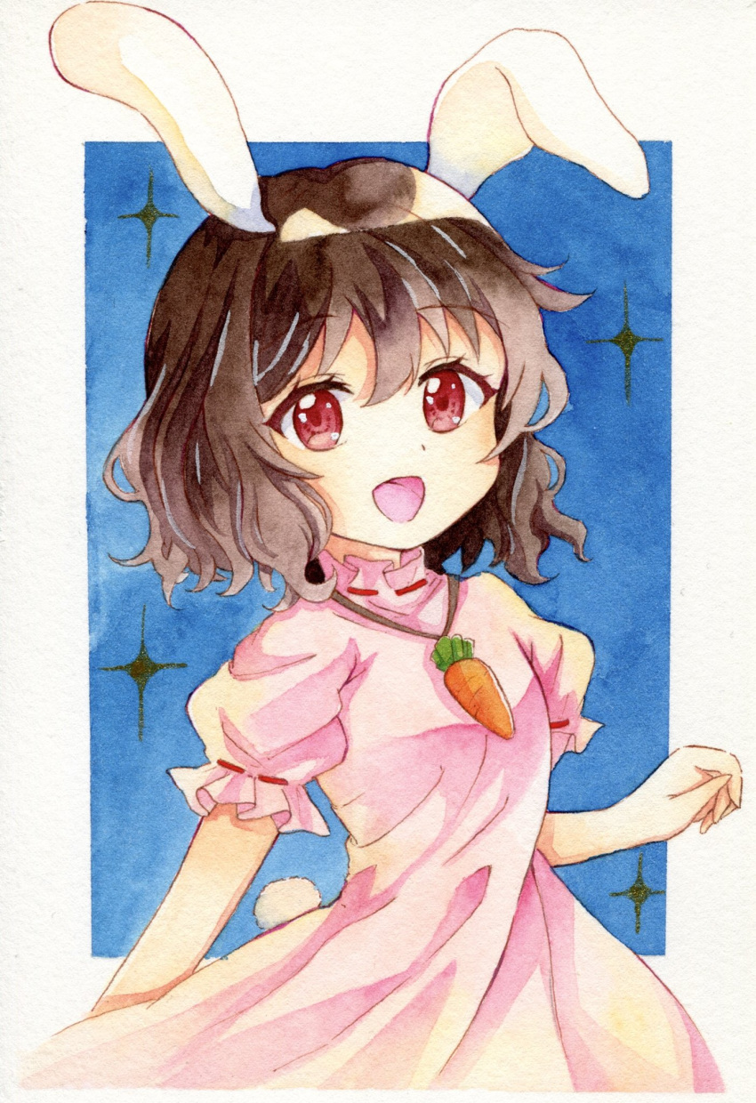 1girl :d animal_ears bangs breasts brown_hair carrot_necklace dress highres inaba_tewi jewelry looking_at_viewer necklace open_mouth pink_dress puffy_sleeves rabbit_ears rabbit_tail red_eyes secchi shikishi short_hair short_sleeves small_breasts smile solo sparkle tail touhou traditional_media
