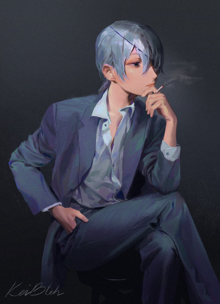 1girl bangs chainsaw_man cigarette collared_shirt crossed_legs elbow_rest eyepatch formal grey_background grey_hair grey_jacket hand_in_pocket highres holding holding_cigarette jacket keibleh long_hair looking_to_the_side partially_unbuttoned ponytail quanxi_(chainsaw_man) shirt signature simple_background sitting smoke solo suit white_shirt