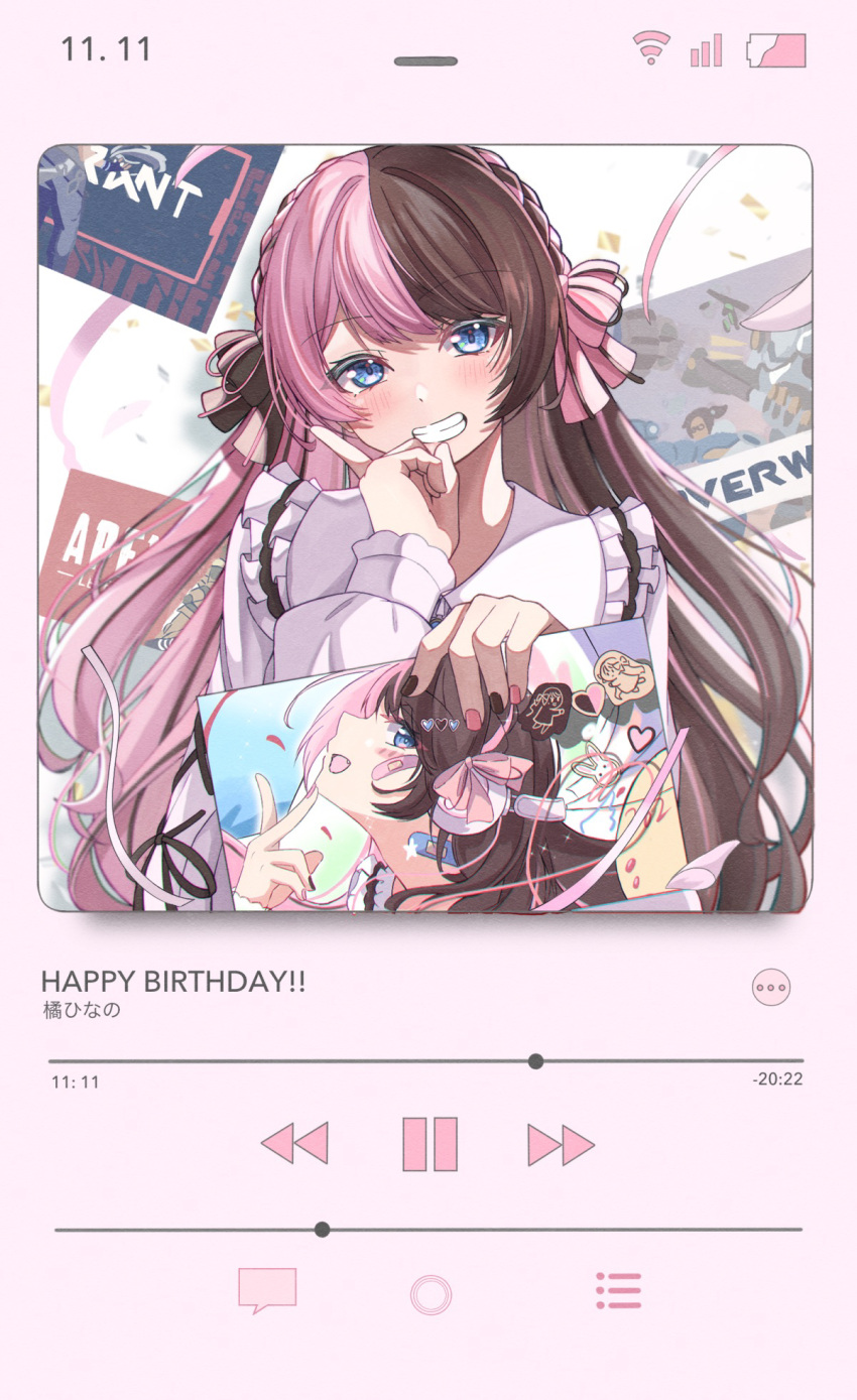 anku apex_legends bloodhound_(apex_legends) blue_eyes blush brown_hair brown_nails fake_screenshot frilled_shirt frills hand_on_own_chin happy_birthday head_tilt highres holding holding_photo iris_black_games jett_(valorant) looking_at_viewer mei_(overwatch) multicolored_hair multicolored_nails overwatch photo_(object) pink_hair pink_nails poster_(object) purple_shirt reinhardt_(overwatch) shirt smile split-color_hair tachibana_hinano_(vtuber) valorant virtual_youtuber vspo!