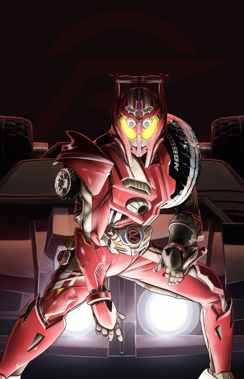 1boy absurdres afterbrnr artist_name car dated driver_(kamen_rider) glowing glowing_eyes ground_vehicle hand_on_own_thigh headlight highres kamen_rider kamen_rider_drive kamen_rider_drive_(series) male_focus motor_vehicle solo tire type_tridoron