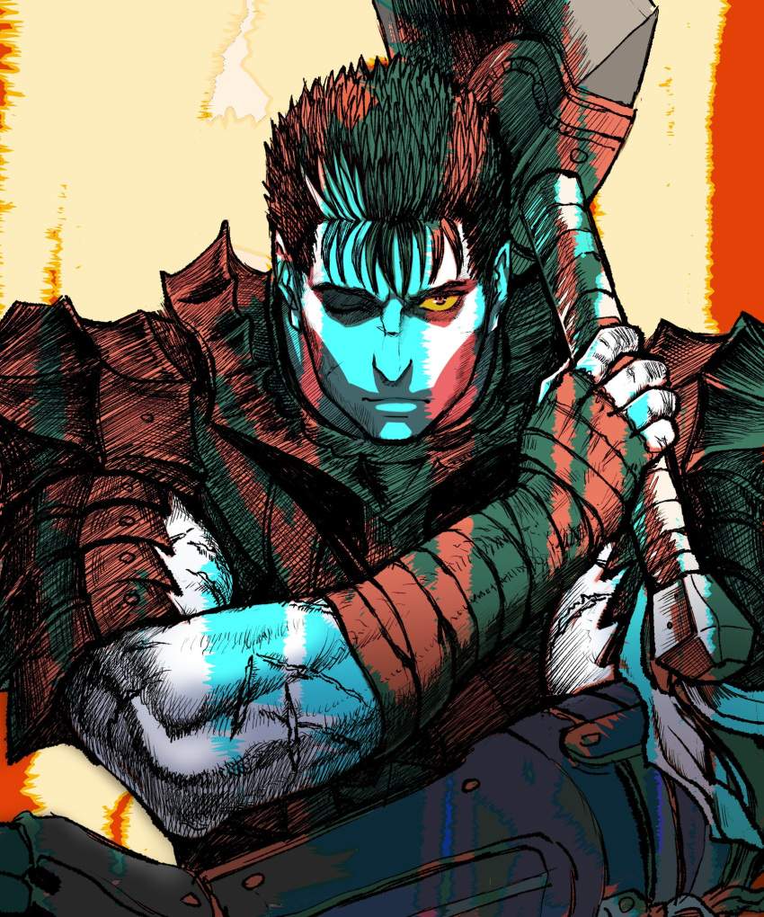 1boy armor bandaged_arm bandages berserk berserker_armor black_hair closed_mouth colored_sclera dragonslayer_(sword) greatsword guts_(berserk) highres holding holding_sword holding_weapon limited_palette looking_at_viewer male_focus multicolored_hair nisino2222 one_eye_closed prosthesis prosthetic_arm scar scar_on_face scar_on_nose short_hair shoulder_armor solo spiky_hair streaked_hair sword weapon yellow_sclera