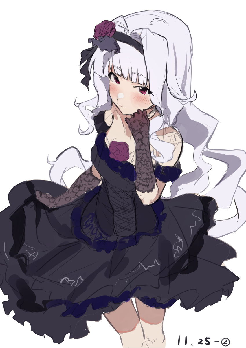 1girl absurdres black_dress black_gloves blush dated dress flower gloves hair_flower hair_ornament hairband highres idolmaster idolmaster_(classic) long_hair looking_at_viewer off-shoulder_dress off_shoulder shijou_takane smile solo uouo_unchi violet_eyes white_background white_hair