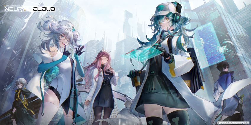 1boy 4girls absurdres aki_(girls'_frontline_nc) animal_ears antonina_(girls'_frontline_nc) aqua_hair bangs black_dress black_gloves black_hair black_jacket black_skirt blue_eyes cityscape commentary copyright_name cowboy_shot croque_(girls'_frontline_nc) dress et_atr3 finger_to_mouth girls'_frontline_neural_cloud girls_frontline gloves grey_hair hat headphones highres holding_pill holographic_interface hood hooded_jacket jacket labcoat long_hair long_sleeves multiple_girls nurse_cap official_art pa-15_(girls'_frontline) pantyhose persicaria_(girls'_frontline_nc) pill pink_eyes pink_hair short_hair skirt standing thigh-highs twintails white_dress white_jacket yellow_eyes