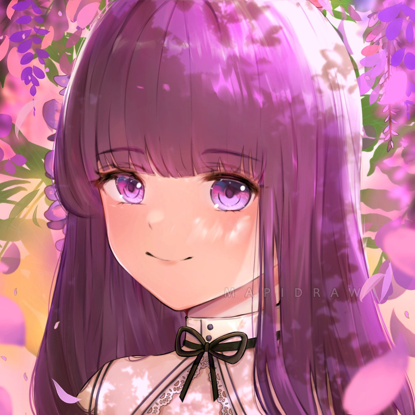 1girl artist_name bangs black_ribbon cardcaptor_sakura close-up collared_dress daidouji_tomoyo dappled_sunlight dress floral_background flower highres long_hair mapidraw purple_flower purple_hair ribbon smile solo sunlight violet_eyes watermark white_dress wisteria