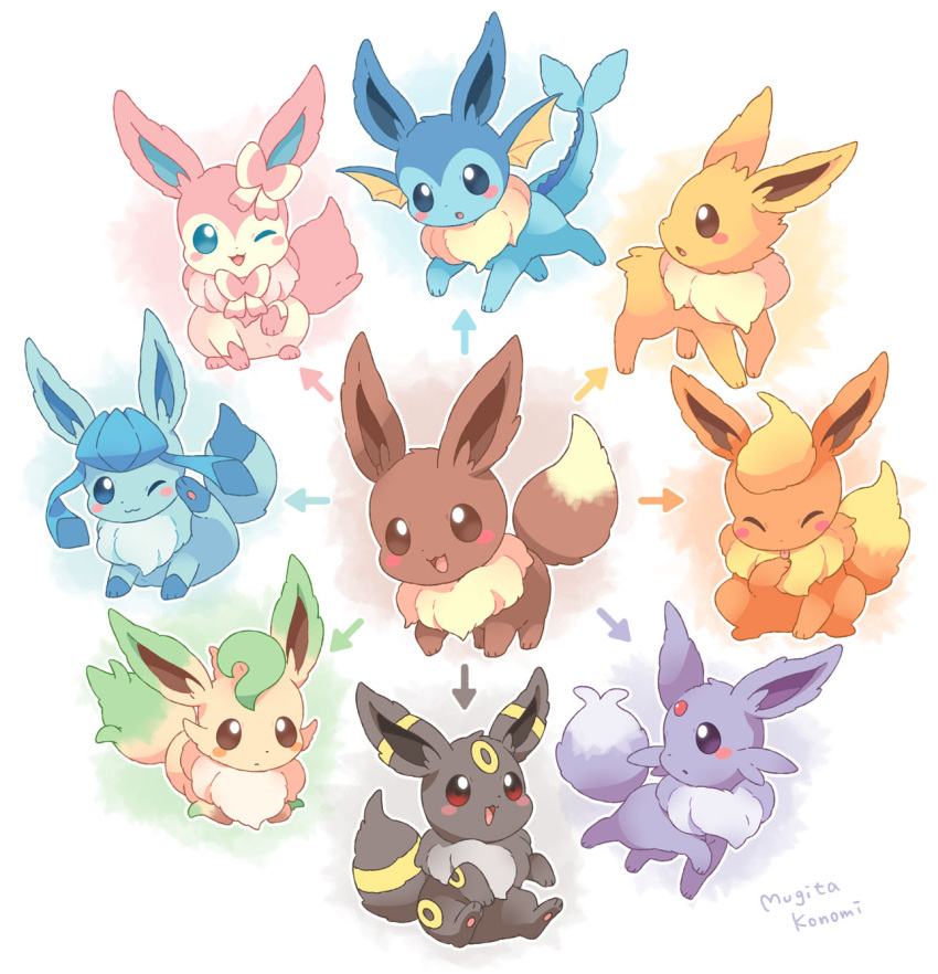 :o ;3 arrow_(symbol) blue_eyes blush_stickers closed_eyes commentary_request eevee espeon evolutionary_line flareon glaceon highres jolteon leafeon looking_to_the_side mugita_konomi no_humans one_eye_closed pokemon pokemon_(creature) signature sitting smile sylveon tongue tongue_out umbreon vaporeon