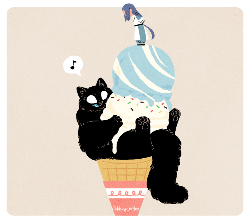 1boy animal bbvip_neko black_cat blue_hair border cat double_scoop eighth_note food ice_cream ice_cream_cone long_hair luoxiaohei musical_note outside_border oversized_animal oversized_food simple_background speech_bubble spoken_musical_note standing tan_background the_legend_of_luo_xiaohei twitter_username very_long_hair white_border wide_shot wuxian_(the_legend_of_luoxiaohei)