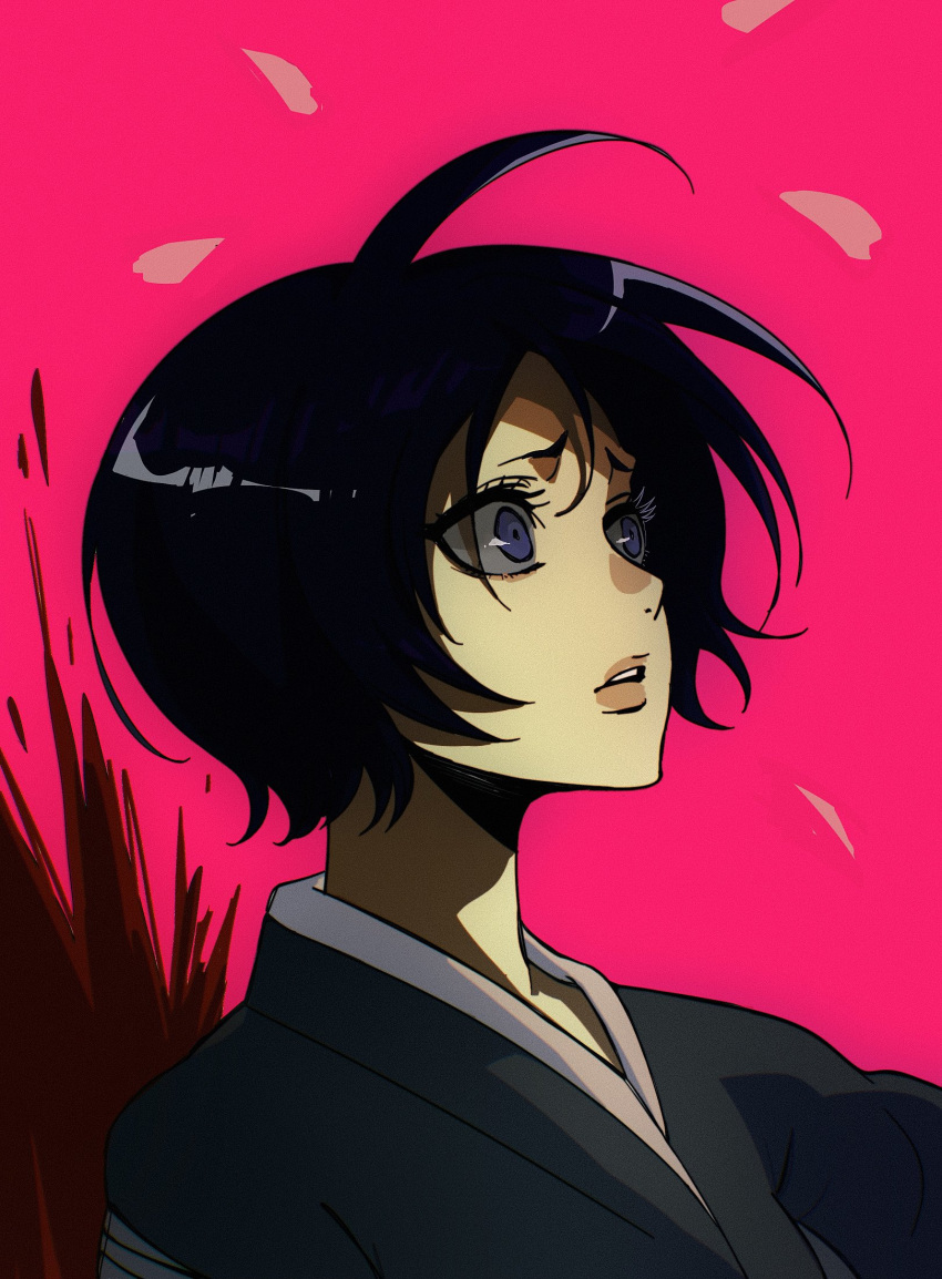 1girl black_hair bleach blood breasts floppydisk7000 hair_between_eyes highres japanese_clothes kuchiki_rukia long_hair long_sleeves open_mouth sad shinigami short_hair simple_background small_breasts solo violet_eyes
