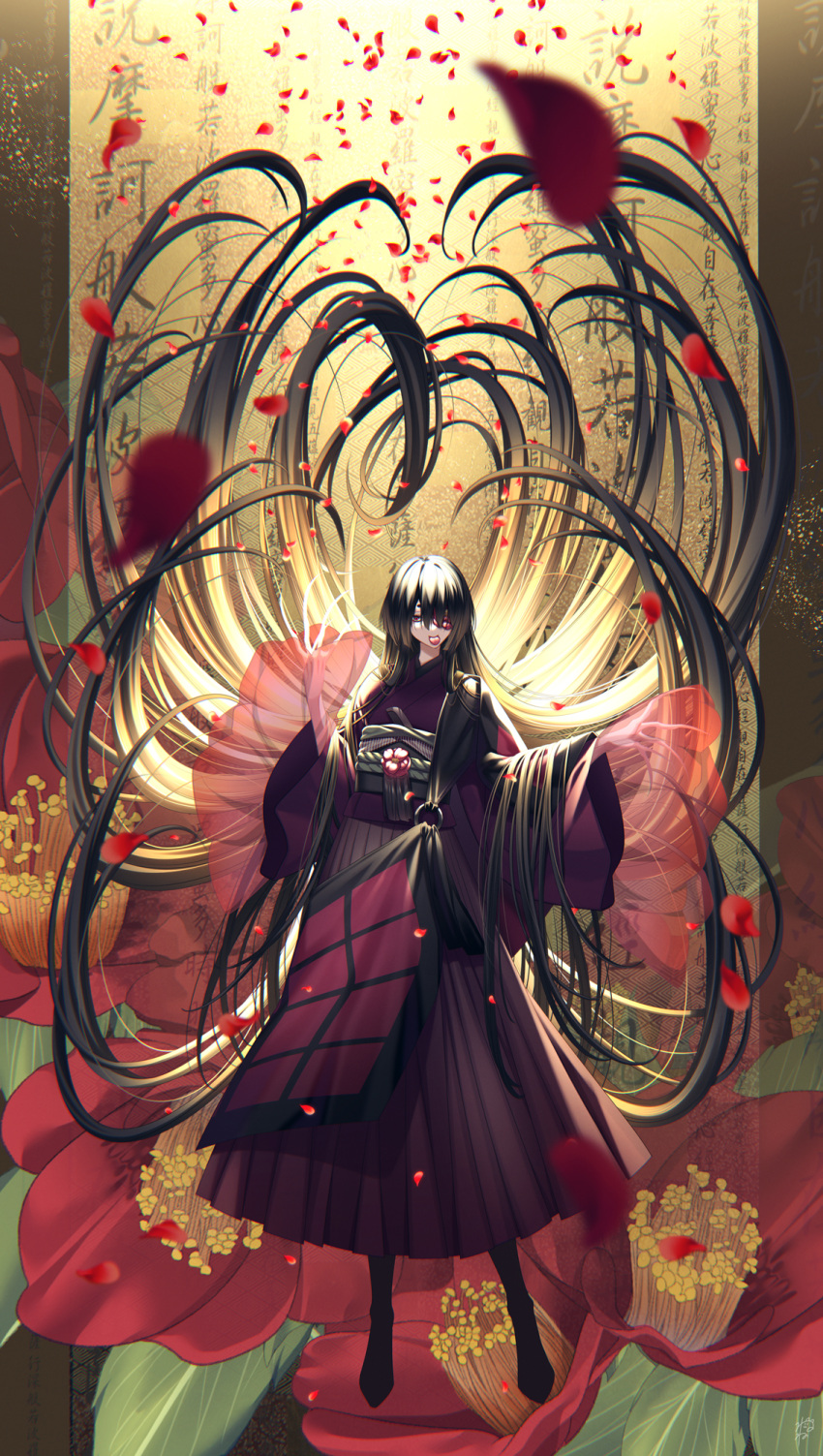 1girl absurdly_long_hair black_hair fingernails flower full_body highres japanese_clothes kimono long_fingernails long_hair o-ring obi original petals purple_kimono sash see-through solo standing suzuka_nene very_long_hair wide_sleeves