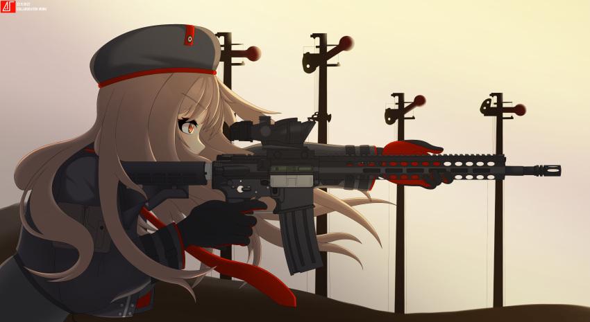 1girl absurdres arctic_troll beret black_gloves black_headwear black_jacket brown_hair collaboration commentary_request dated gloves goddess_of_victory:_nikke gun hat highres holding holding_gun holding_weapon jacket long_hair looking_away outdoors pie_cherry profile rapi_(nikke) red_eyes red_gloves sky solo sunrise weapon weapon_request
