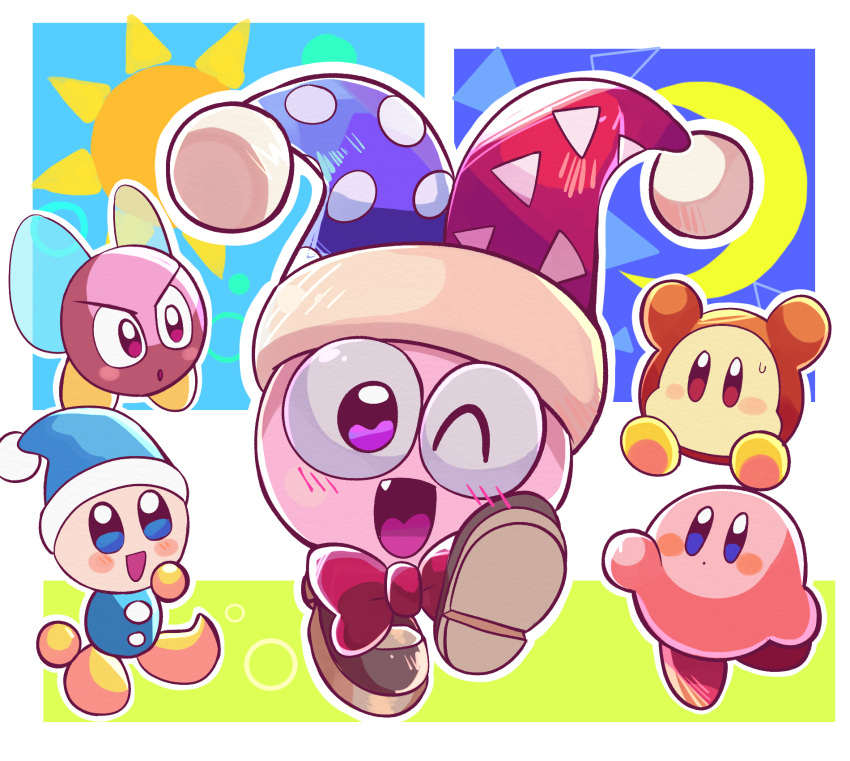 :d :o arms_up blue_eyes blush blush_stickers bow bronto_burt brown_eyes brown_footwear commentary_request crescent_moon day day_and_night fang full_body grass hat highres jester_cap kirby kirby's_return_to_dream_land kirby_(series) looking_at_viewer marx_(kirby) miru_(milusour) moon multicolored_clothes multicolored_headwear night night_sky no_humans one_eye_closed open_mouth pom_pom_(clothes) poppy_bros_jr red_bow red_footwear shoes sky smile sun sweatdrop violet_eyes waddle_dee yellow_footwear