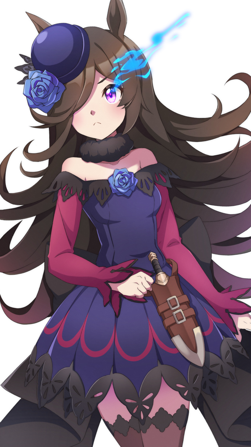 1girl :&lt; absurdres animal_ears bare_shoulders black_thighhighs blue_flower brown_hair cowboy_shot dress flower glowing glowing_eye hair_flower hair_ornament hair_over_one_eye hat highres horse_ears knife long_hair long_sleeves mini_hat miyama-san one_eye_covered purple_dress purple_headwear rice_shower_(umamusume) scabbard sheath sheathed simple_background solo standing thigh-highs umamusume violet_eyes white_background