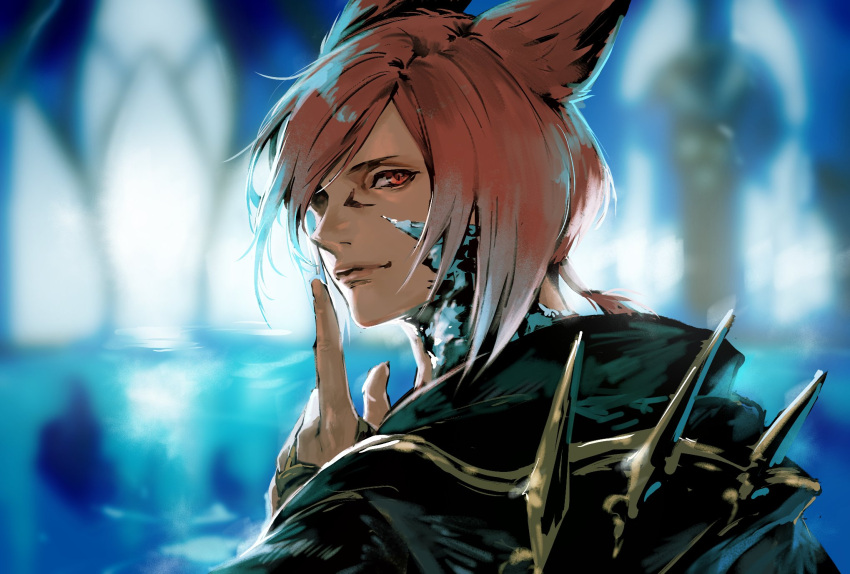 1boy animal_ears bangs black_robe cat_boy cat_ears closed_mouth crystal_exarch facial_mark final_fantasy final_fantasy_xiv finger_to_mouth g'raha_tia highres kin_mokusei light_smile looking_at_viewer looking_back male_focus miqo'te pointing red_eyes redhead robe short_hair solo swept_bangs upper_body