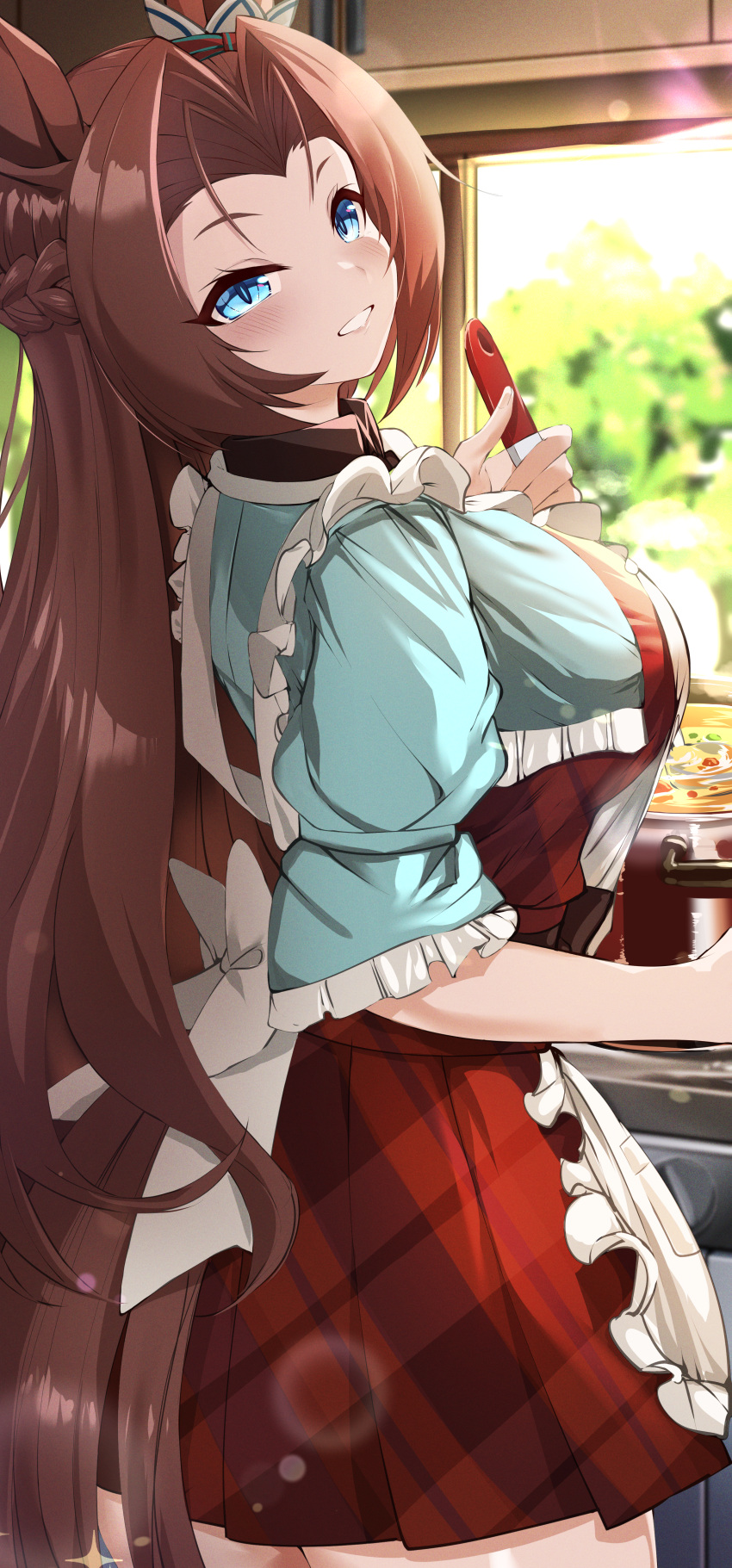 1girl absurdres animal_ears apron bangs blue_eyes blue_skirt blush braid breasts brown_hair commentary cooking cooking_pot cowboy_shot cropped_shirt crown_braid day dress ear_ornament food frilled_apron frills grin half_updo highres holding holding_ladle horse_ears horse_girl horse_tail indoors kawakami_princess_(umamusume) kitchen ladle long_hair looking_at_viewer maou_(maoudaisukiya) open_clothes open_shirt parted_bangs plaid plaid_dress pleated_dress red_dress short_sleeves sidelocks skirt smile solo standing stove tail teeth umamusume white_apron window