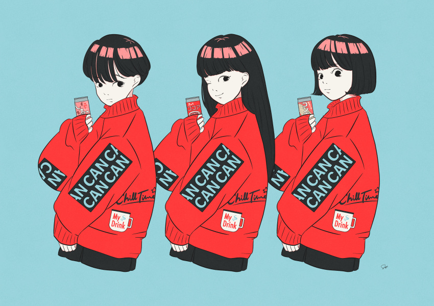 1girl absurdres aqua_background black_hair bob_cut can drink english_text highres holding holding_can hot_chocolate limited_palette long_hair one_eye_closed original short_hair sleeves_past_wrists smile suzu_(user_tvmz5582) sweater upper_body variations