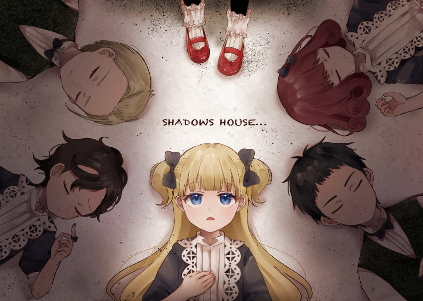 2boys 4girls absurdres apron bangs black_bow black_hair black_skin blonde_hair blue_bow blue_dress blue_eyes blunt_bangs bow closed_eyes colored_skin dress emilico_(shadows_house) hair_bow highres kate_(shadows_house) long_hair looking_up lou_(shadows_house) lying multiple_boys multiple_girls on_back open_mouth ram_(shadows_house) red_footwear redhead ricky_(shadows_house) shadow_(shadows_house) shadows_house shaun_(shadows_house) shio_(sos_o00) shirt shoes short_hair two_side_up white_apron white_shirt