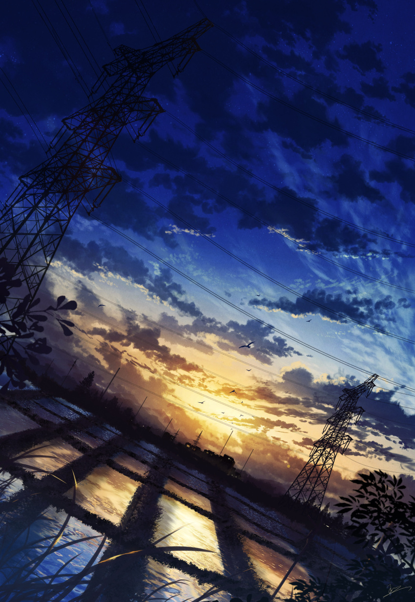 absurdres bird blue_sky clouds commentary_request evening field grass highres house landscape mountainous_horizon no_humans original power_lines reflection rice_paddy rural scenery sky skyrick9413 sunset transmission_tower tree utility_pole water