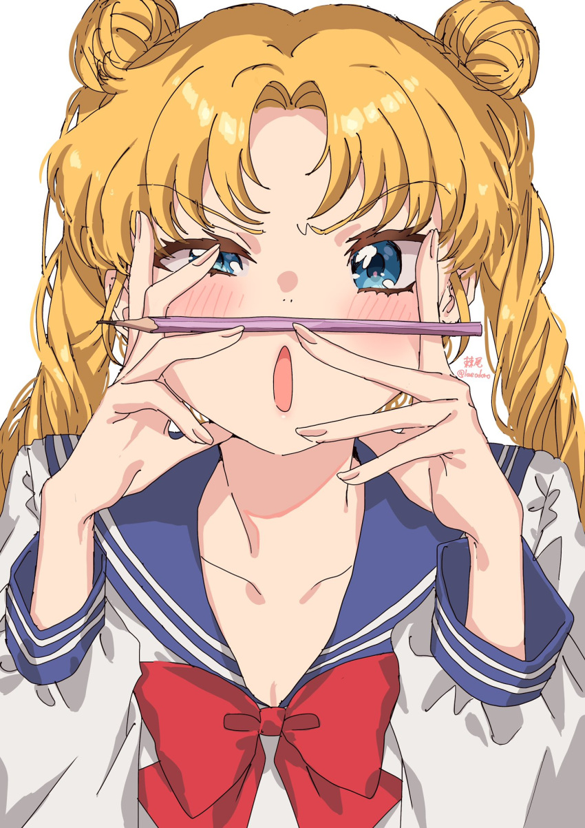 1girl bangs bishoujo_senshi_sailor_moon blonde_hair blue_eyes blue_sailor_collar blush bow close-up collarbone double_bun fingernails furrowed_brow hair_bun highres holding holding_pencil long_hair long_sleeves looking_at_object loveodoro open_mouth parted_bangs pencil red_bow sailor_collar school_uniform serafuku sleeve_cuffs solo tsukino_usagi twintails white_background white_serafuku