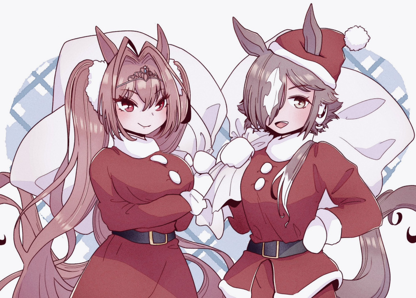 2girls :d animal_ears b6mti belt belt_buckle black_belt breasts brown_eyes brown_hair buckle closed_mouth commentary daiwa_scarlet_(umamusume) dress ears_through_headwear grey_background hair_intakes hand_on_hip hat highres holding holding_sack horse_ears horse_girl horse_tail jacket large_breasts long_hair long_sleeves mittens multicolored_hair multiple_girls pants red_dress red_eyes red_headwear red_jacket red_pants sack santa_costume santa_hat smile symbol-only_commentary tail tiara tilted_headwear twintails two-tone_hair umamusume very_long_hair vodka_(umamusume) white_hair white_mittens