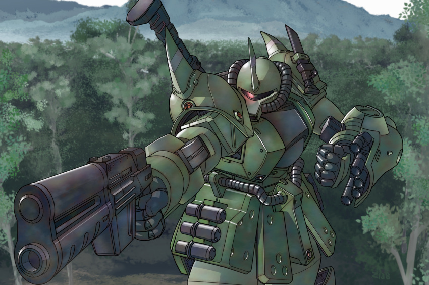 clenched_hand forest glowing glowing_eye gouf_hunter gun gundam gundam_msv highres holding holding_gun holding_weapon horns mecha mobile_suit mountain nature no_humans one-eyed red_eyes robot science_fiction shoulder_spikes single_horn spikes tree weapon zenkaku_138