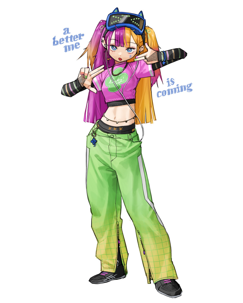 1girl black_footwear blue_eyes ear_piercing earrings english_text gradient_pants green_nails green_pants hands_up highres jewelry looking_at_viewer midriff multicolored_hair navel necklace open_mouth orange_hair original pants piercing print_shirt purple_hair purple_shirt rinotuna shirt shoes simple_background solo twintails two-tone_hair two_side_up white_background