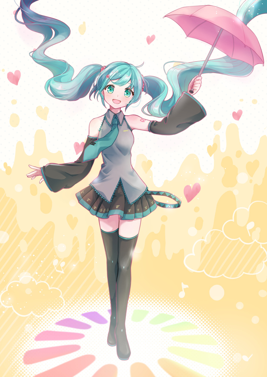 1girl absurdres arm_up bangs blue_eyes blue_hair blush boots collared_shirt detached_sleeves floating_hair flower hair_flower hair_ornament hatsune_miku heart highres holding holding_umbrella long_hair long_sleeves melt_(vocaloid) melting nagitofuu necktie open_mouth pleated_skirt rainbow_gradient shirt skirt sleeveless sleeveless_shirt smile solo thigh_boots twintails umbrella very_long_hair vocaloid