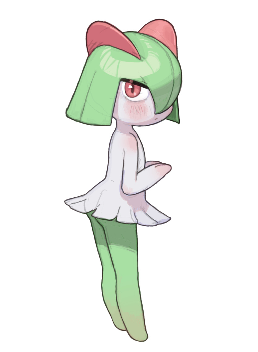 1girl ass bangs blush child green_hair hair_between_eyes highres horns kirlia opossumachine pokemon pokemon_(creature) red_eyes short_hair skirt white_background