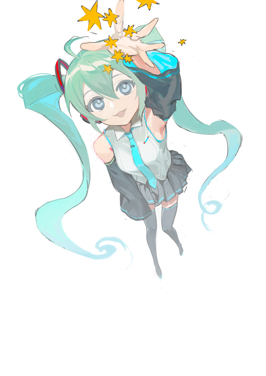 1girl absurdres aqua_necktie bare_shoulders black_skirt black_sleeves black_thighhighs breasts collared_shirt detached_sleeves from_above full_body green_hair grey_eyes grey_shirt hair_between_eyes hair_ornament hatsune_miku highres kuku_(kuza0112) long_hair looking_at_viewer looking_up medium_breasts necktie open_mouth outstretched_hand pleated_skirt shirt skirt sleeveless sleeveless_shirt sleeves_past_fingers sleeves_past_wrists smile solo thigh-highs twintails vocaloid white_background