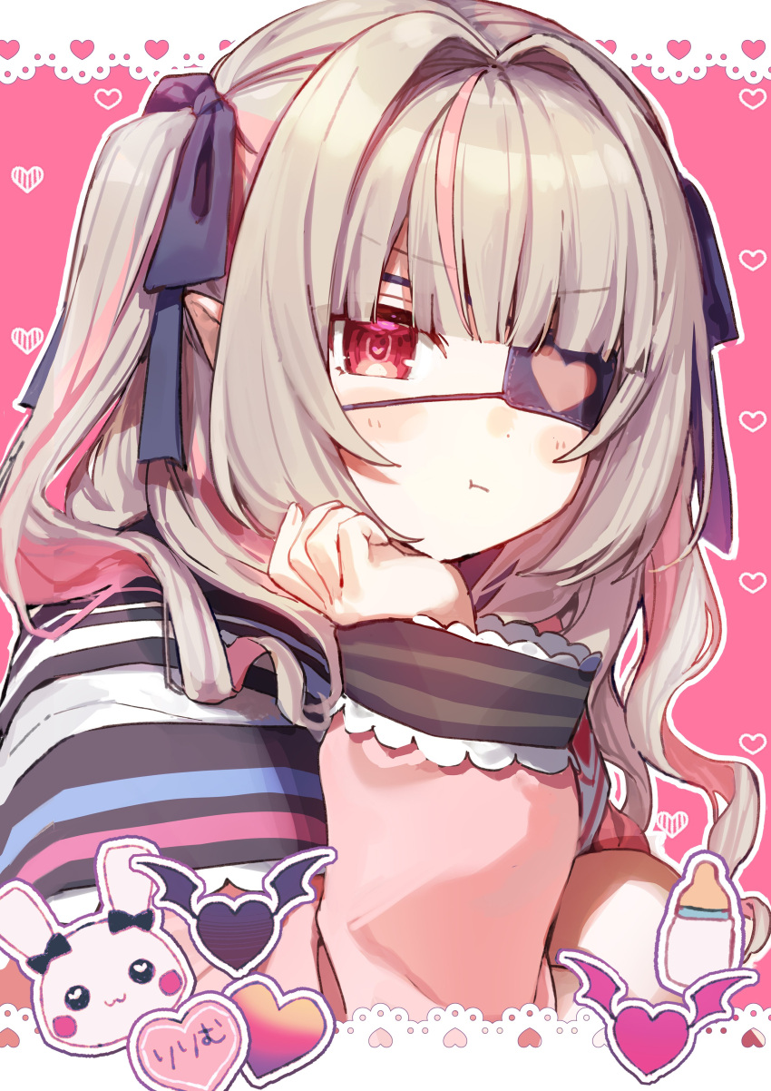 1girl :t absurdres baby_bottle bangs blush_stickers bottle brown_hair eyepatch hair_intakes head_rest heart highres jacket long_hair long_sleeves looking_at_viewer makaino_ririmu nijisanji off_shoulder pink_jacket pointy_ears pout red_eyes shirt sidelocks solo two_side_up upper_body virtual_youtuber white_shirt yumesaki_nana