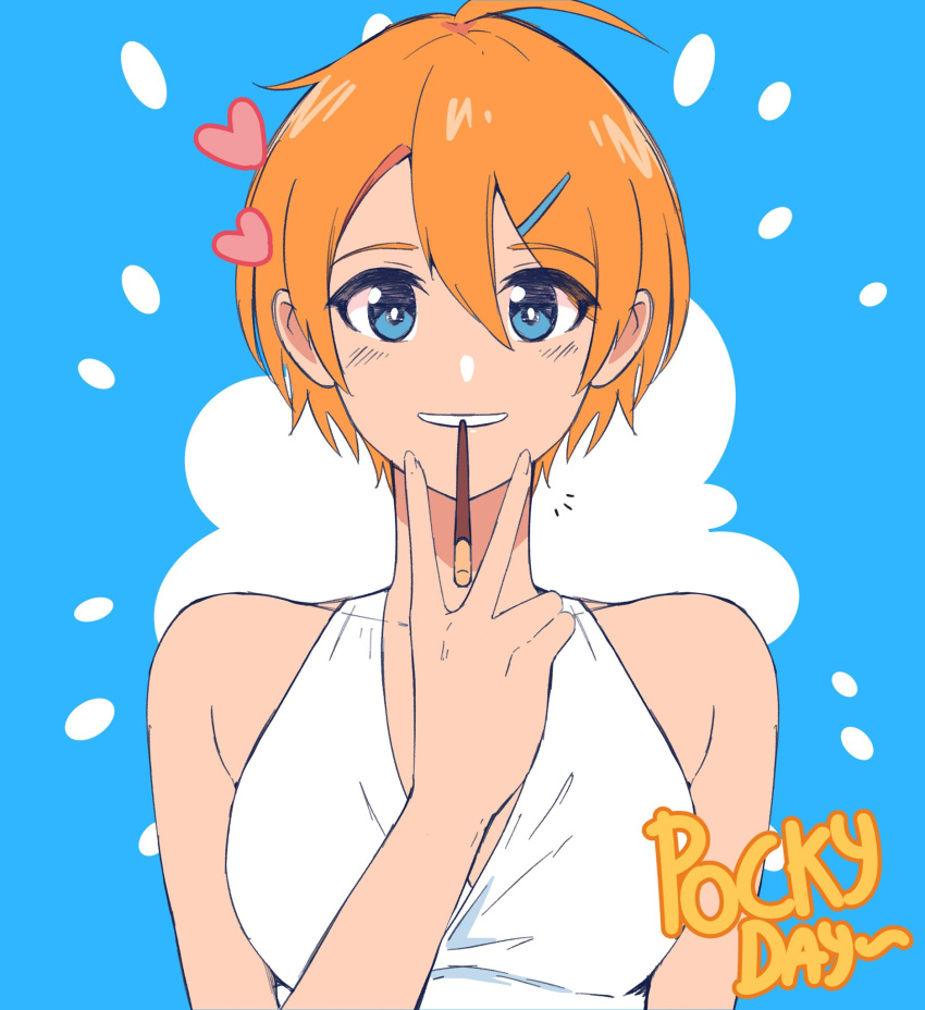 1girl ahoge bare_shoulders blue_eyes dress food grin hair_between_eyes hair_ornament hairclip highres ivo_k looking_at_viewer mouth_hold notice_lines orange_hair original pocky pocky_day short_hair smile solo upper_body v_over_mouth white_dress