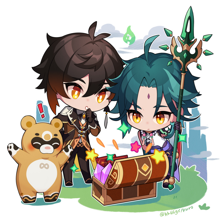 ! bangs bead_necklace beads black_gloves box brown_hair brown_pants chibi earrings genshin_impact gloves green_hair guoba_(genshin_impact) hair_between_eyes highres holding holding_polearm holding_weapon jewelry kh66gs long_coat long_hair male_focus multicolored_hair necklace orange_eyes pants polearm single_earring weapon xiao_(genshin_impact) yellow_eyes zhongli_(genshin_impact)