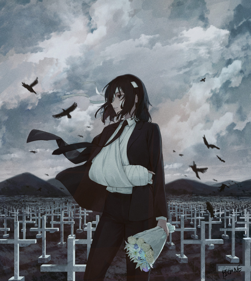 1girl absurdres arm_rest bandaged_arm bandaged_head bandages bird black_hair black_necktie black_pants bouquet chainsaw_man clouds cloudy_sky collared_shirt cross crow eyepatch flower formal grave graveyard highres himeno_(chainsaw_man) mountainous_horizon necktie pants pigone scenery shirt shirt_tucked_in short_hair sky solo standing suit white_shirt